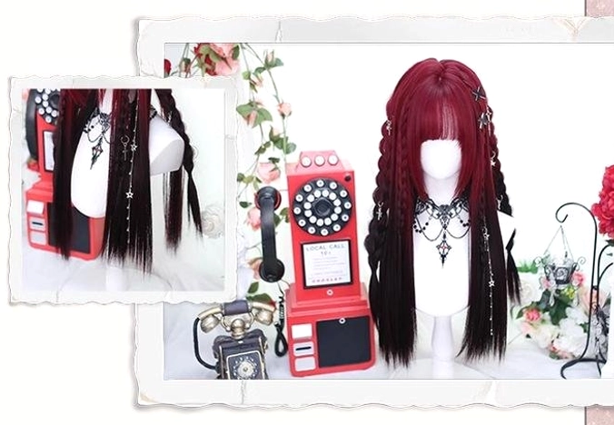 Red and black gradient Jirai Kei wig with straight bangs and long silhouette, styling versatility display showing potential braid placements and hair volume, full length view