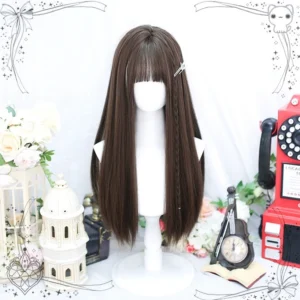 Jirai Kei long straight wig in cold brown color with blunt bangs and side hair clip, styled against vintage floral props and retro-inspired backdrop