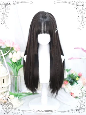 Jet black Jirai Kei long straight wig featuring sharp blunt bangs and decorative side hair clip, displayed with delicate flower arrangement background