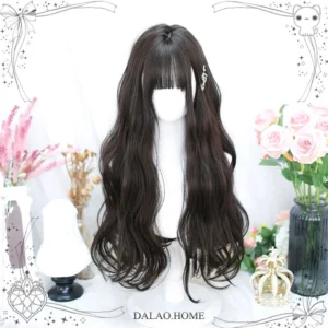 Deep brown toned long synthetic Jirai Kei wig with air bangs and wavy texture, styled on mannequin with pink roses and crown prop accessories