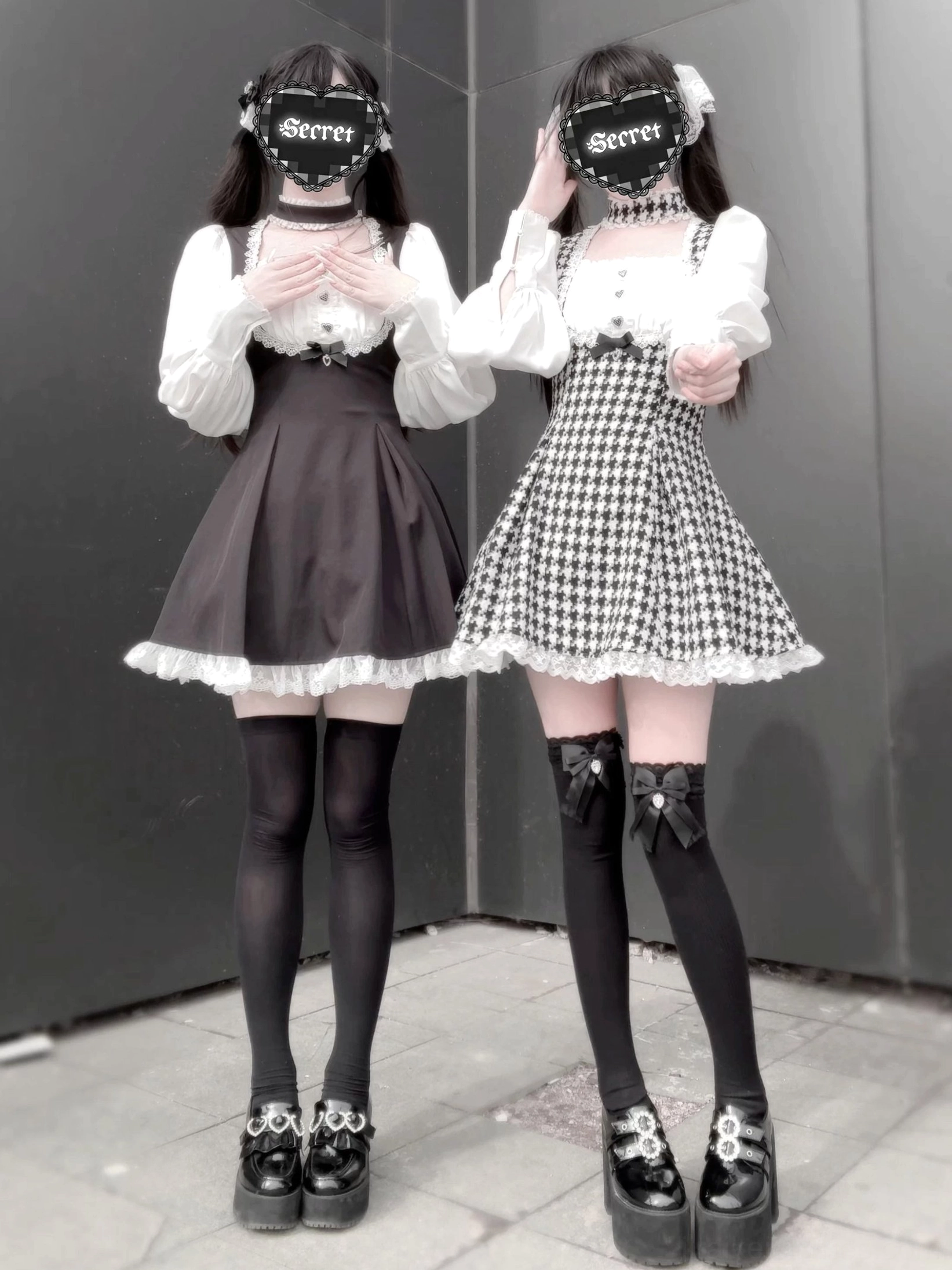 Full-body front view of Jirai Kei maid dresses styled with thigh-high socks, Mary Jane shoes, and lace-trimmed hems demonstrating complete alternative fashion coordination
