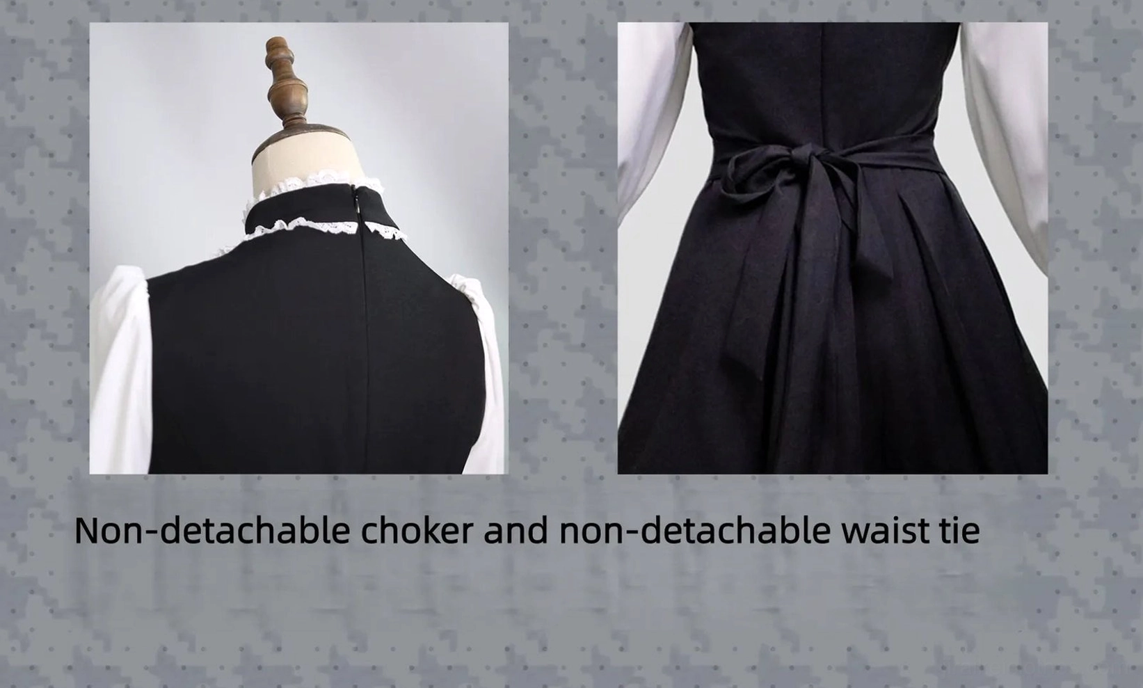 Back and side view detail shots of Jirai Kei maid dress highlighting non-detachable choker collar, non-detachable waist tie, back zipper construction, and solid black dress back panel