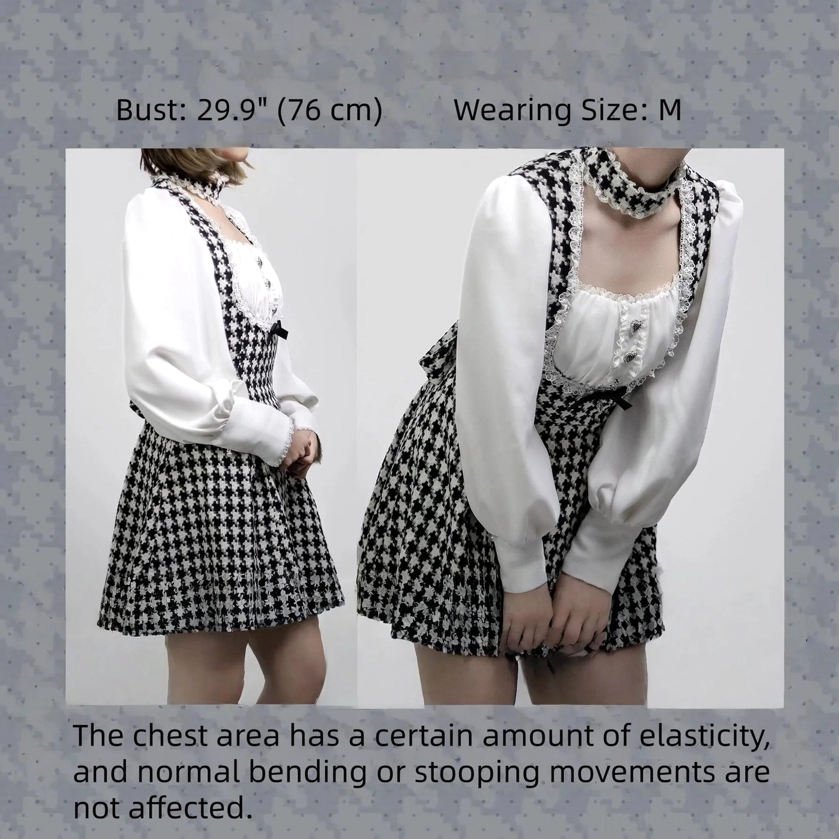 Medium shot close-up of houndstooth Jirai Kei maid dress showing stretchable chest area with heart-shaped buttons, rhinestone bow accents, and integrated non-detachable choker details