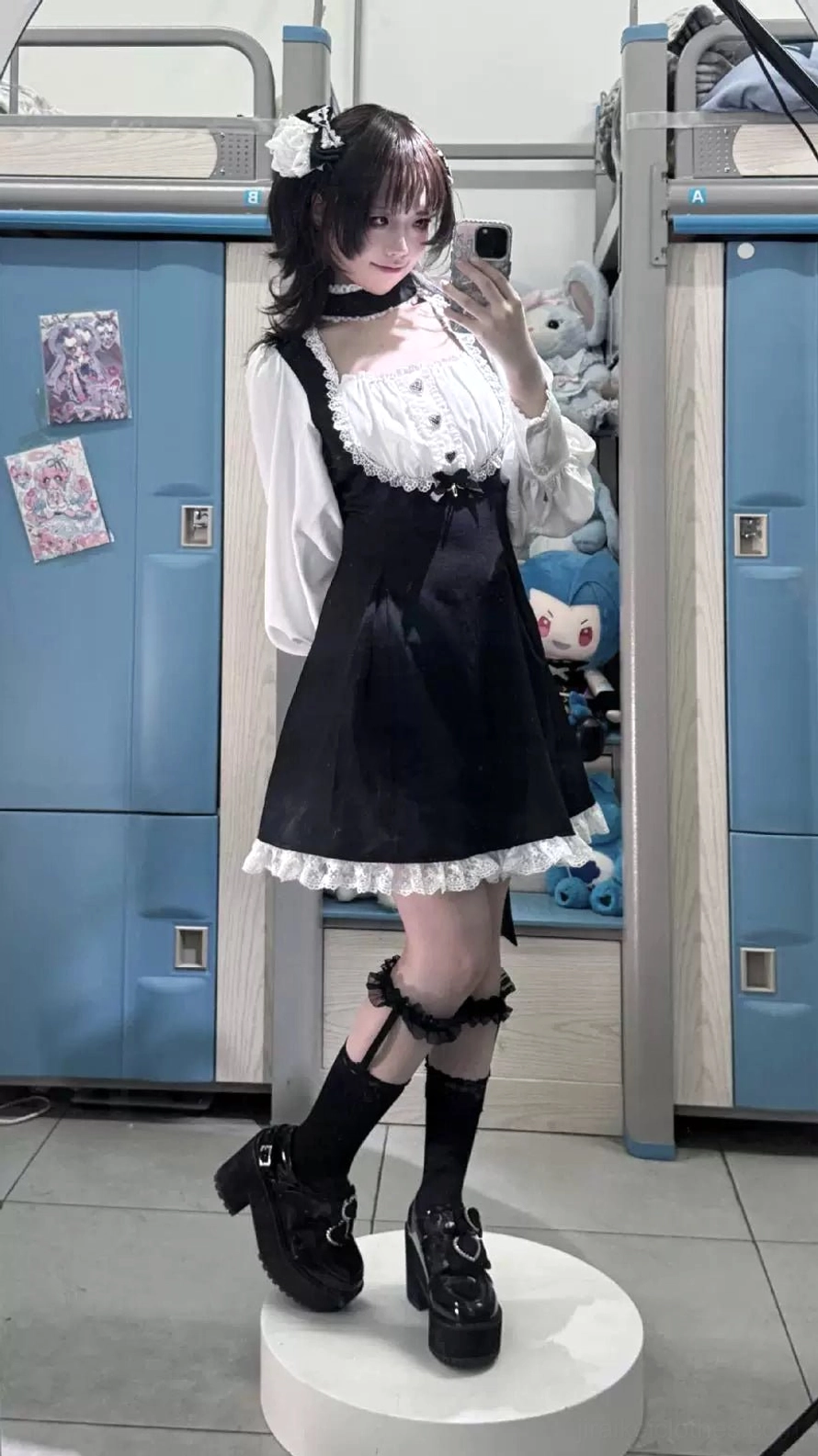 Alternative angle front view of houndstooth and black-white Jirai Kei maid dresses with integrated chokers, highlighting design contrast between two fabric pattern options