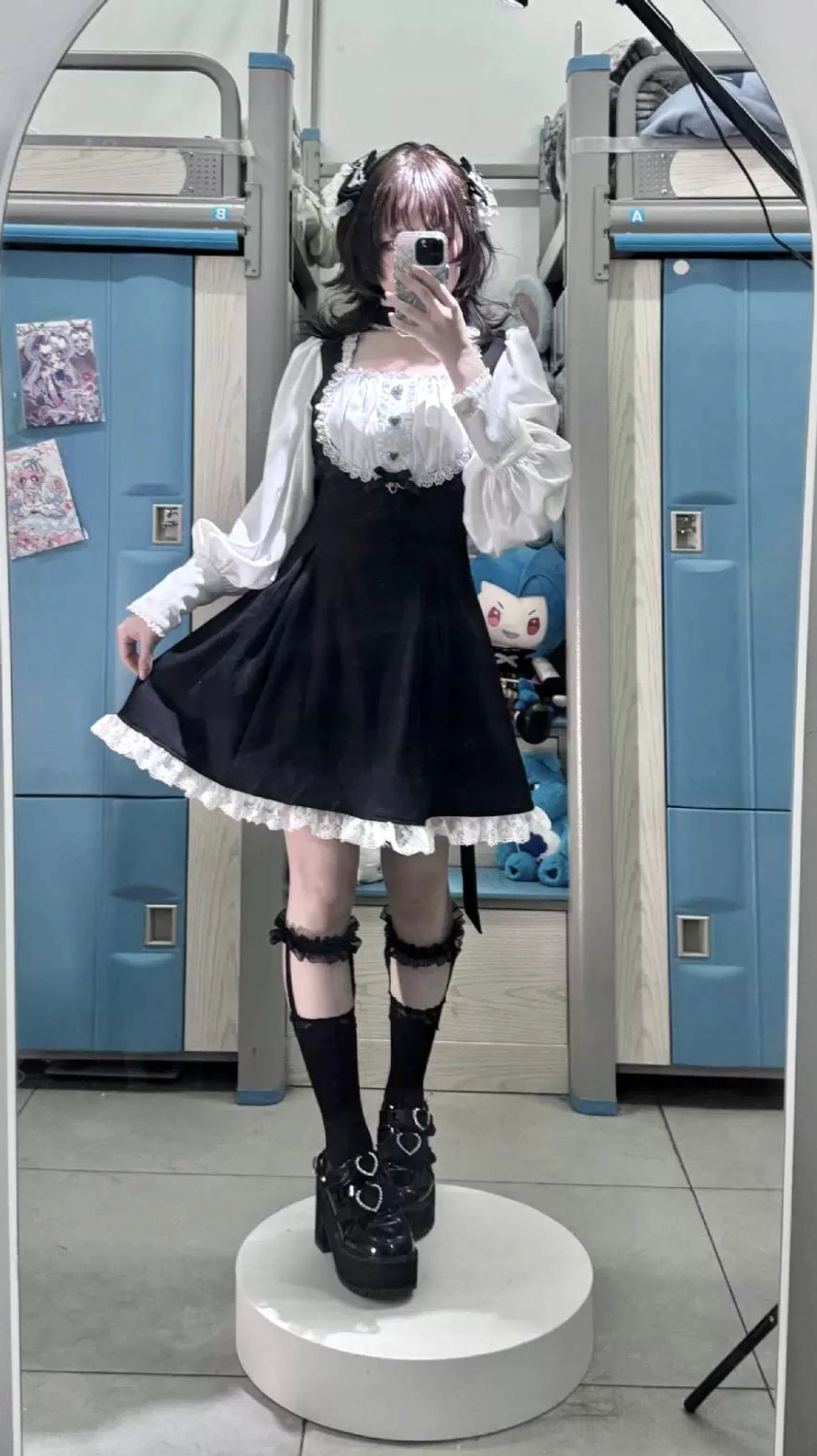Side profile view of Jirai Kei maid dress silhouette showing integrated non-detachable choker, waist tie adjustment, puffed sleeve volume, and overall refined heiress aesthetic