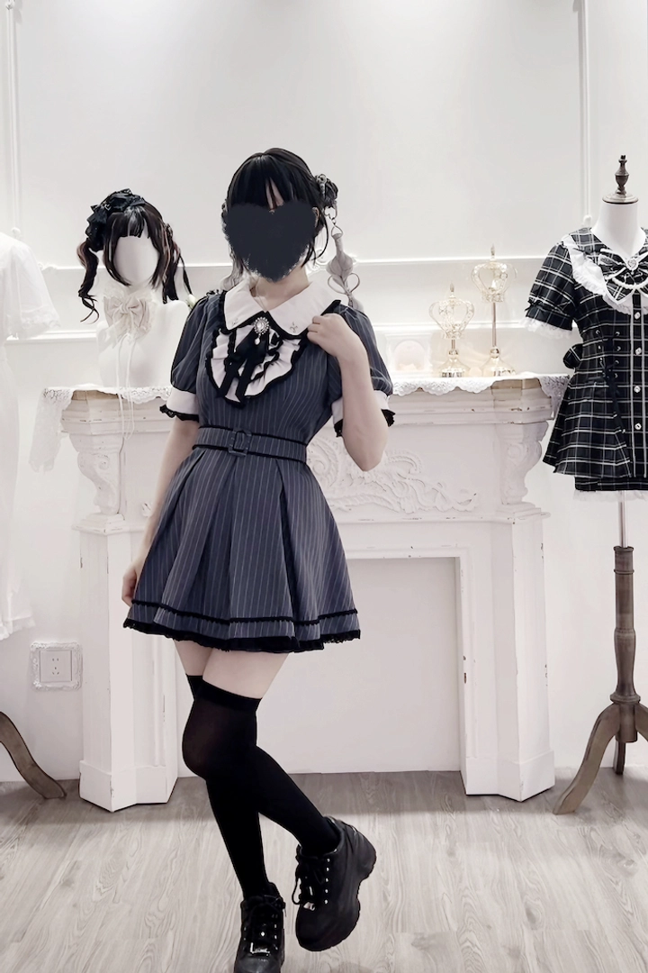 Jirai Kei maid dress set multiple color stripe options black white navy grey