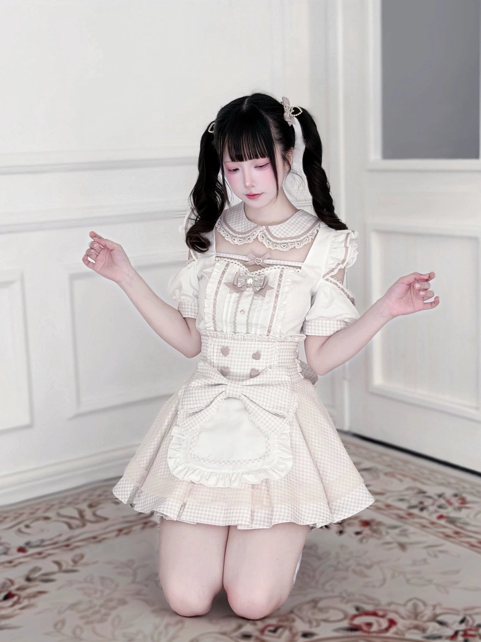 Alternative color styling of Jirai Kei maid set showing versatile coordination options with accessories, shoes, and styling variations