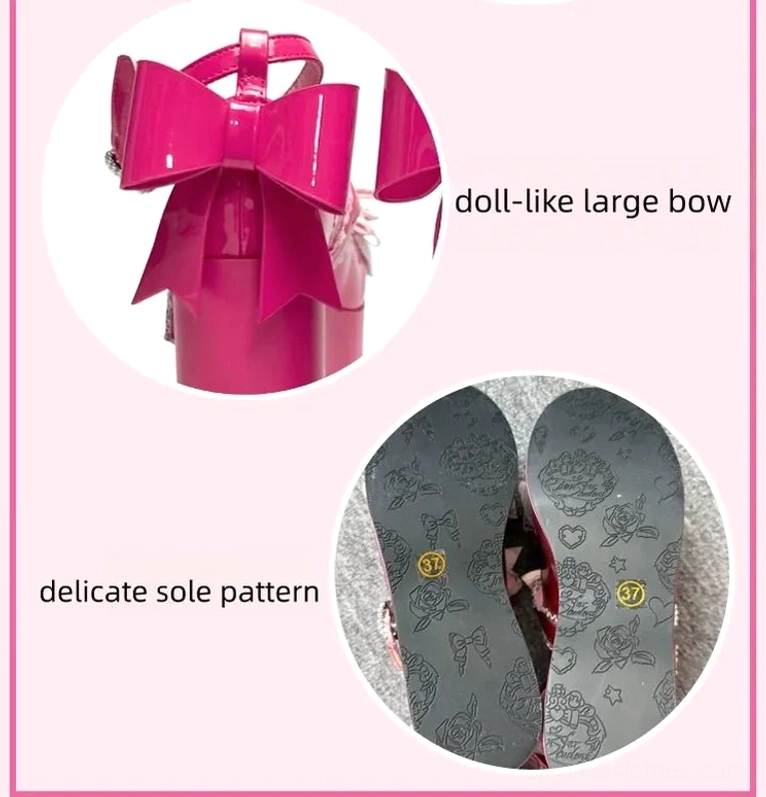 Close-up detail of Jirai Kei platform Mary Jane heart-shaped heel cutout design with shoe dimensions and measurements labeled