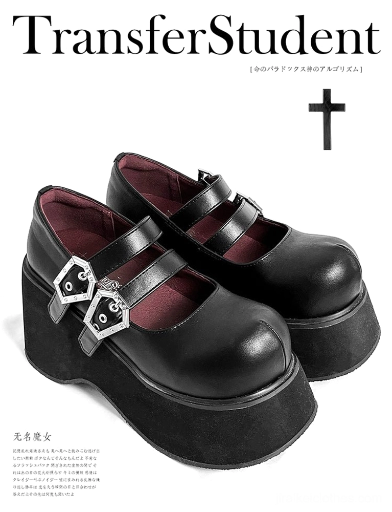 Black leather Mary Jane platform shoes with dual silver buckles thick wedge sole and dark red insole on gothic themed product poster three-quarter top view