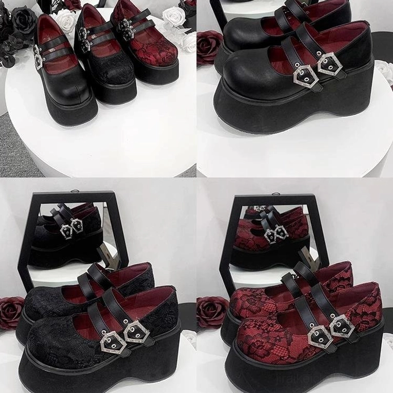 Gothic platform Mary Jane shoes dark red custom lining visible showing interior construction dual silver buckles and leather upper detail