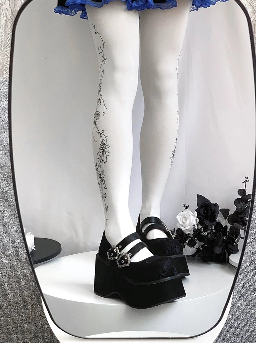 Mary Jane platform shoes dual silver hexagonal buckles detailed close-up showing gothic hardware design and buckle positioning