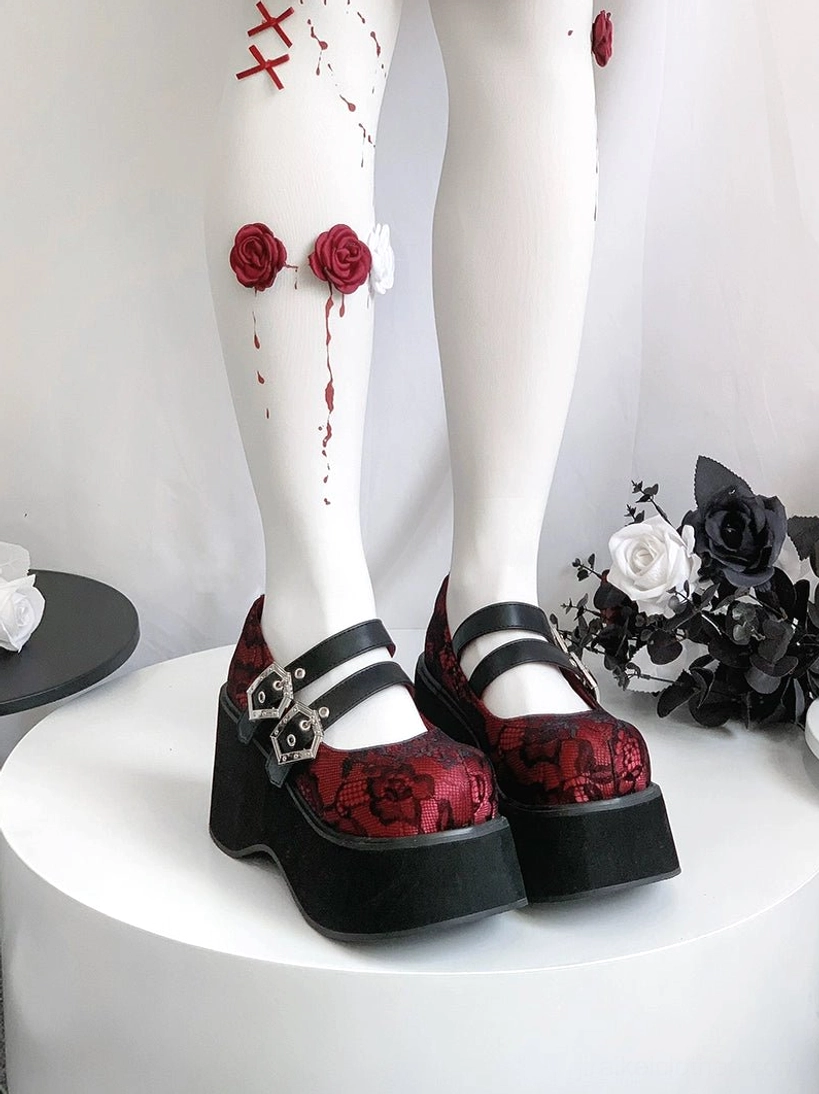Gothic platform Mary Jane shoes lace pattern upper dual silver buckles detailed shot of hexagonal buckle design and lace texture