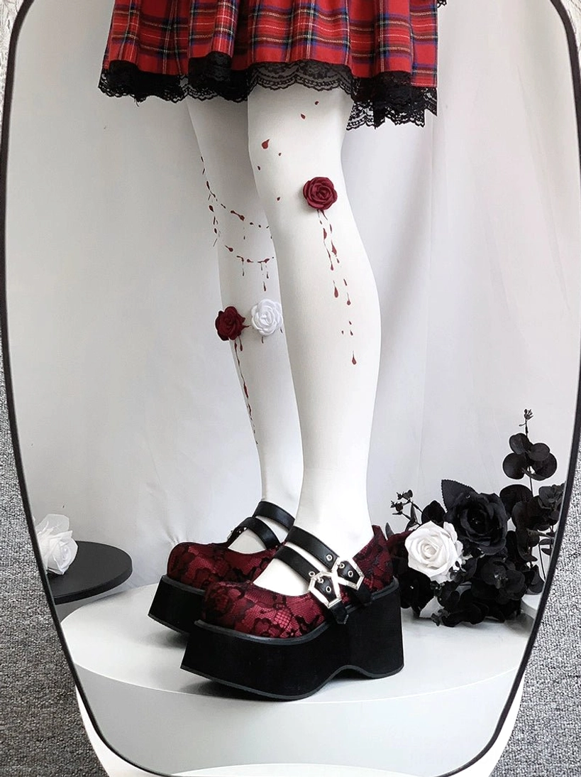 Gothic platform Mary Jane shoes lace and matte variants comparison showing color texture and dual buckles design differences