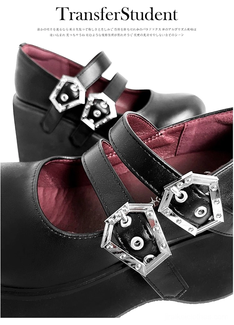 Jirai Kei platform Mary Jane shoes lace variant with dual decorative buckles showing round toe silhouette and elevated platform height