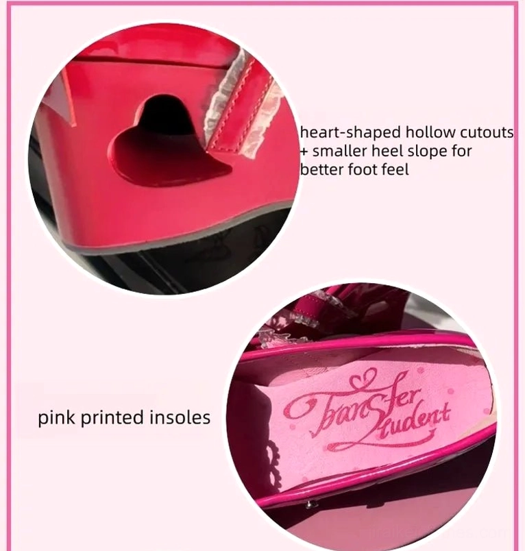 Detailed infographic showing Jirai Kei platform Mary Jane shoe construction including heart-shaped heel cutout, branded pink insole, and wedge heel slope