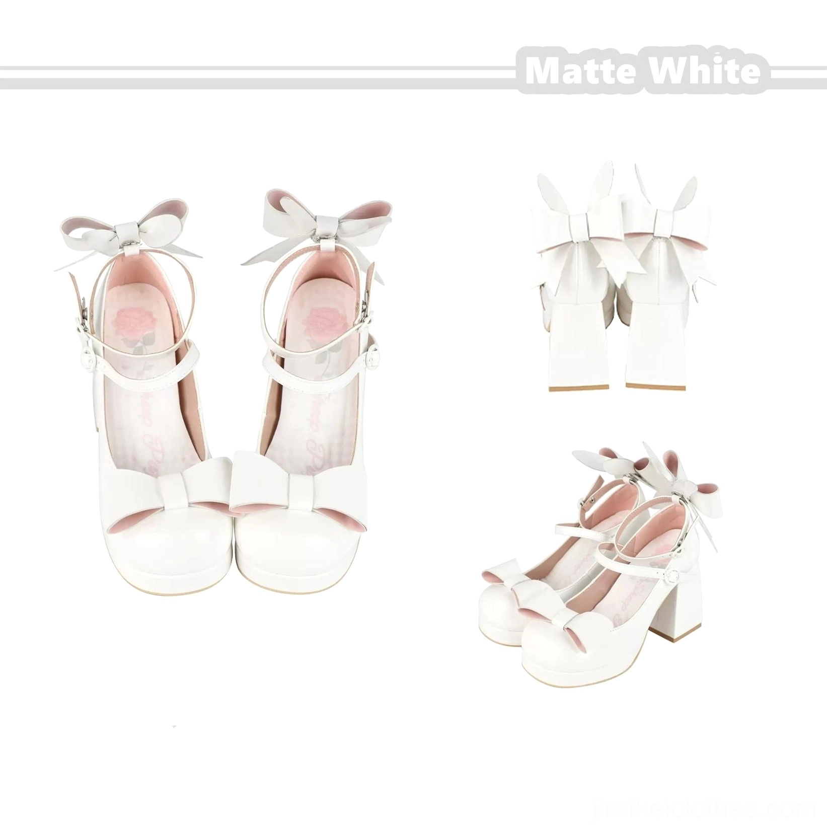 Matte white Jirai Kei platform heels flat lay showing smooth matte finish front and back ankle bow decorations and block platform heel