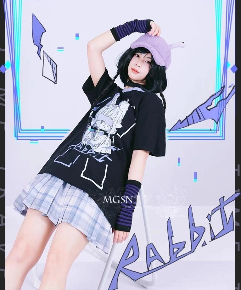 Cyber mech rabbit oversized t-shirt and violet plaid skirt low-angle oblique full body view neon background with rabbit graffiti decoration