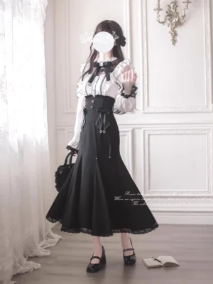 Jirai Kei mermaid skirt off-shoulder lace blouse ensemble front view model wearing black white gothic lolita two-piece outfit vintage European interior