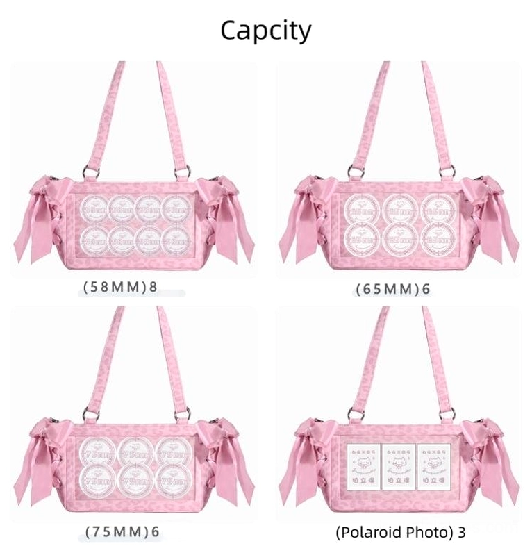Pink Jirai Kei ita bag flat lay displaying capacity for 8 pieces of 58mm badges with clear window showcase and satin bow details