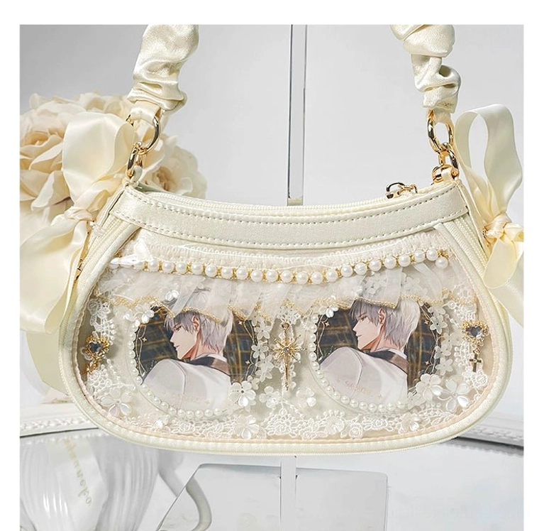 Jirai Kei mini ita bag color swatches and material sample guide showing all seven available colorways including black, silver, light purple, light blue, orange pink, light yellow, and milky white
