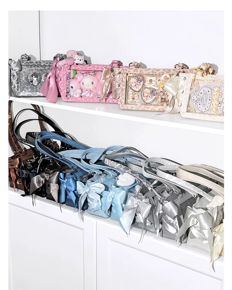 Jirai Kei mini ita bag full front view with clear window display and decorative elements on white background