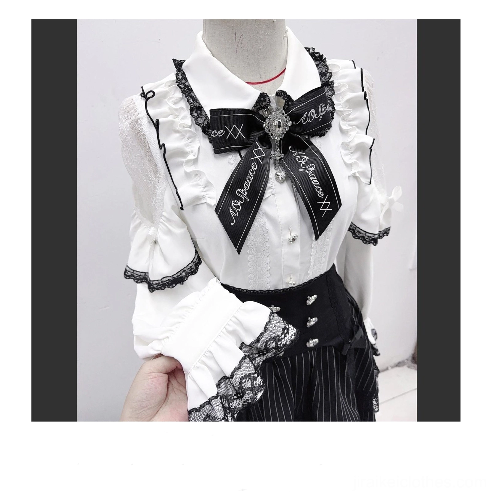 Jirai Kei mini skirt high-waisted overlap waistband with rhinestone embellishments and double lace hem detail