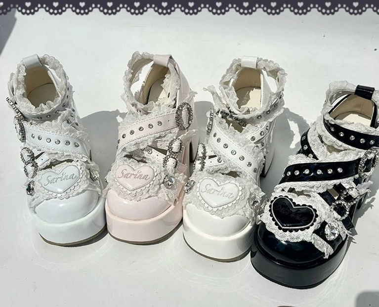 Mixed style Jirai Kei platform shoes white pink and black variants with ruffled lace buckles
