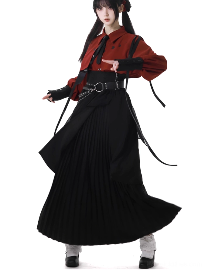 Lunar Whispers Jirai Kei ensemble featuring burgundy cropped moon-print blouse with ribbon shoulder accents and black floor-length pleated skirt, full body front view with twin ponytail hairstyle on white studio background