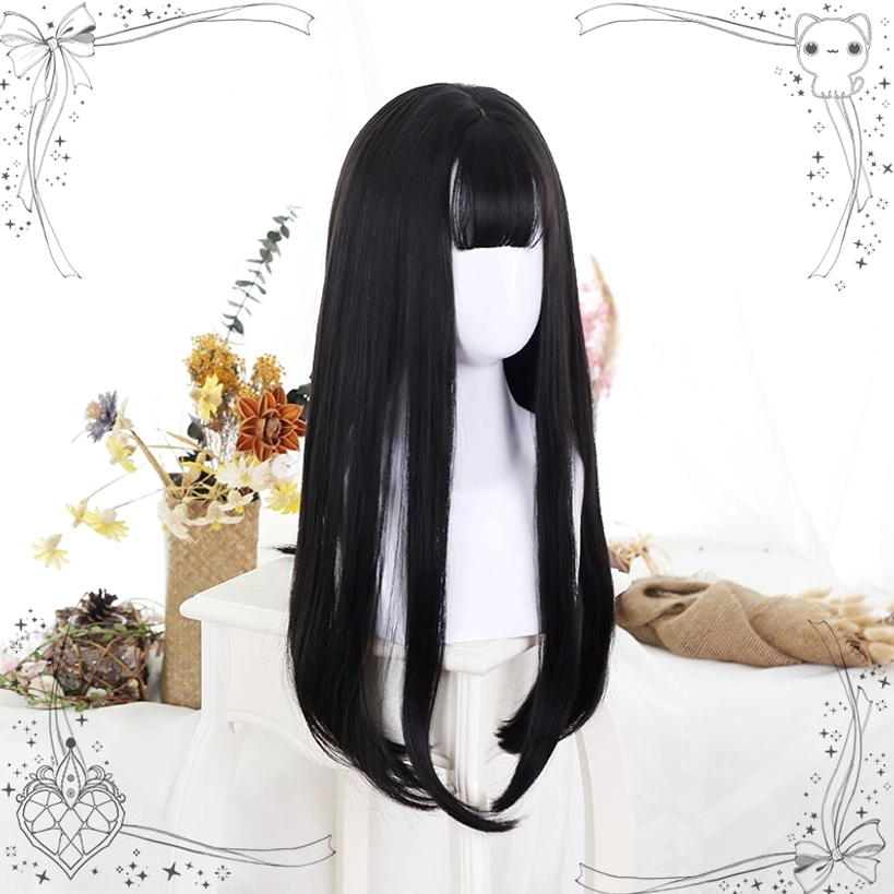 Natural black Jirai Kei straight long wig full-length three-quarter view showing blunt bangs, pure black color, and floor-length silky strands ideal for authentic Lolita aesthetic