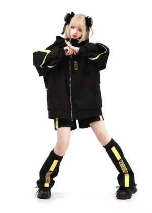 Jirai Kei black oversized zip jacket with neon yellow trim paired with striped leg warmers front view studio shot