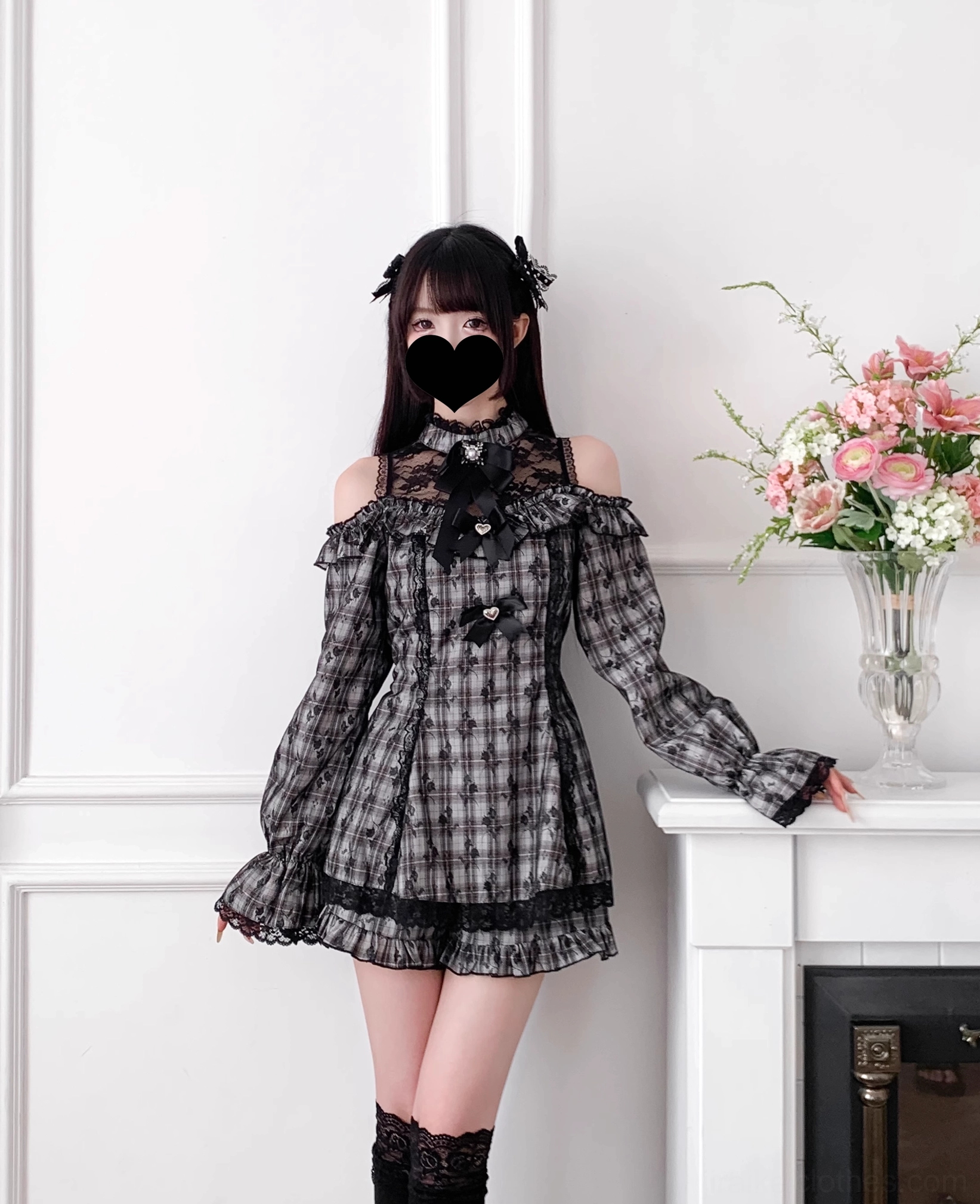 Off-shoulder Jirai Kei dress shorts set lace patchwork detail close-up showing craftsmanship and ruffled elements