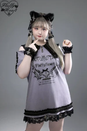 Off-shoulder Jirai Kei maid-style T-shirt dress featuring black pointed collar, gothic graphic print on chest, and lace-trimmed hem, modeled with cat ear headband