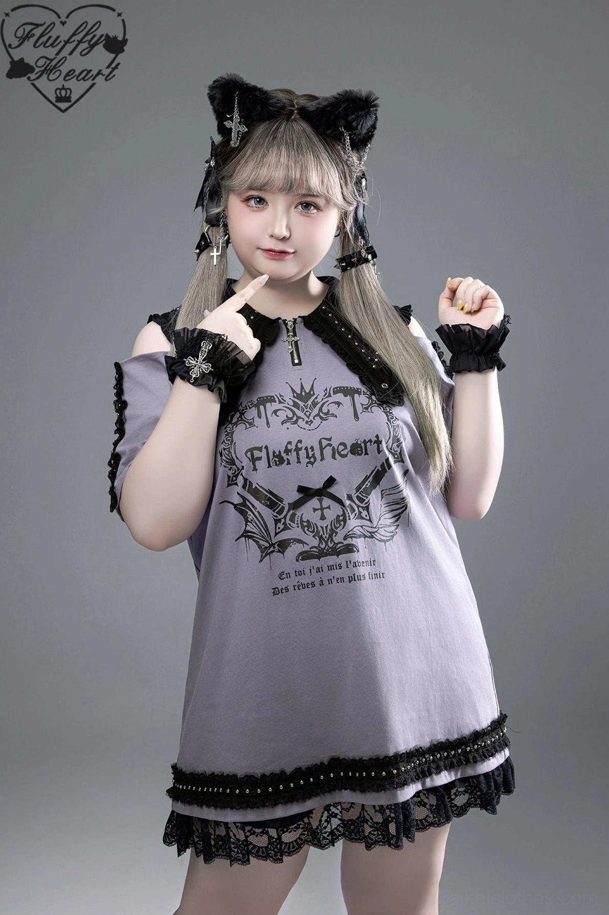 Off-shoulder Jirai Kei maid-style T-shirt dress featuring black pointed collar, gothic graphic print on chest, and lace-trimmed hem, modeled with cat ear headband