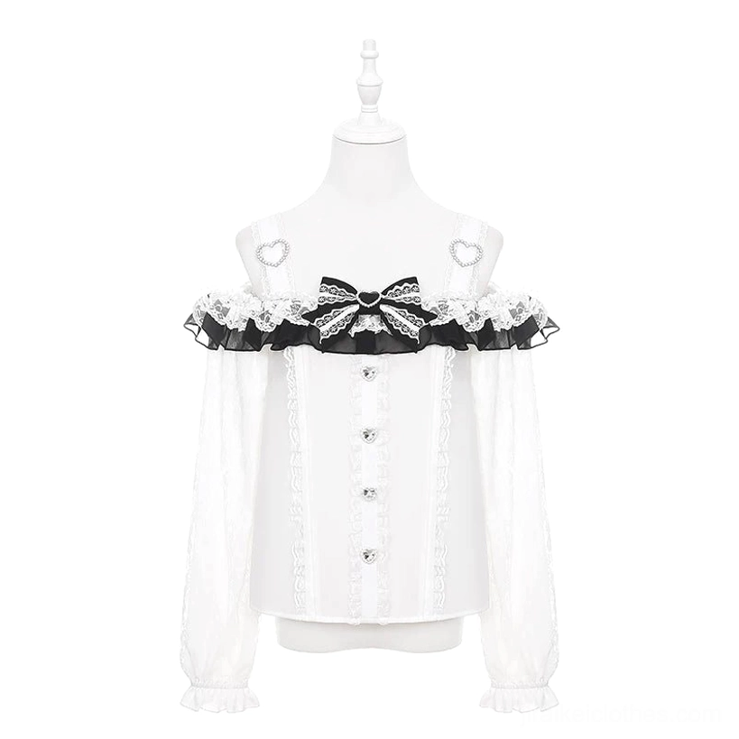 White off-shoulder Jirai Kei blouse with black bow lace collar heart shoulder accents gem buttons studio mannequin display