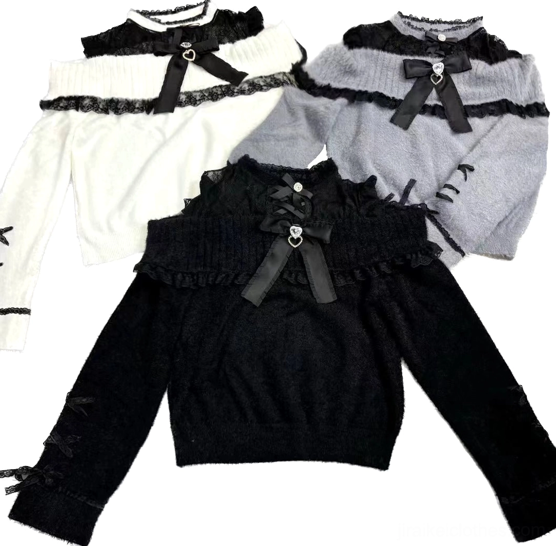 Jirai Kei off-shoulder lace patchwork knit sweater casual styling outfit combination accessory coordination street style