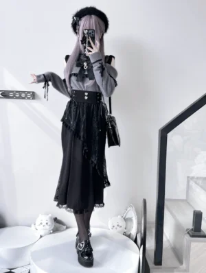 Jirai Kei off-shoulder lace patchwork knit sweater full-length mirror selfie styling with gothic lolita aesthetic black fur beret and platform loafers