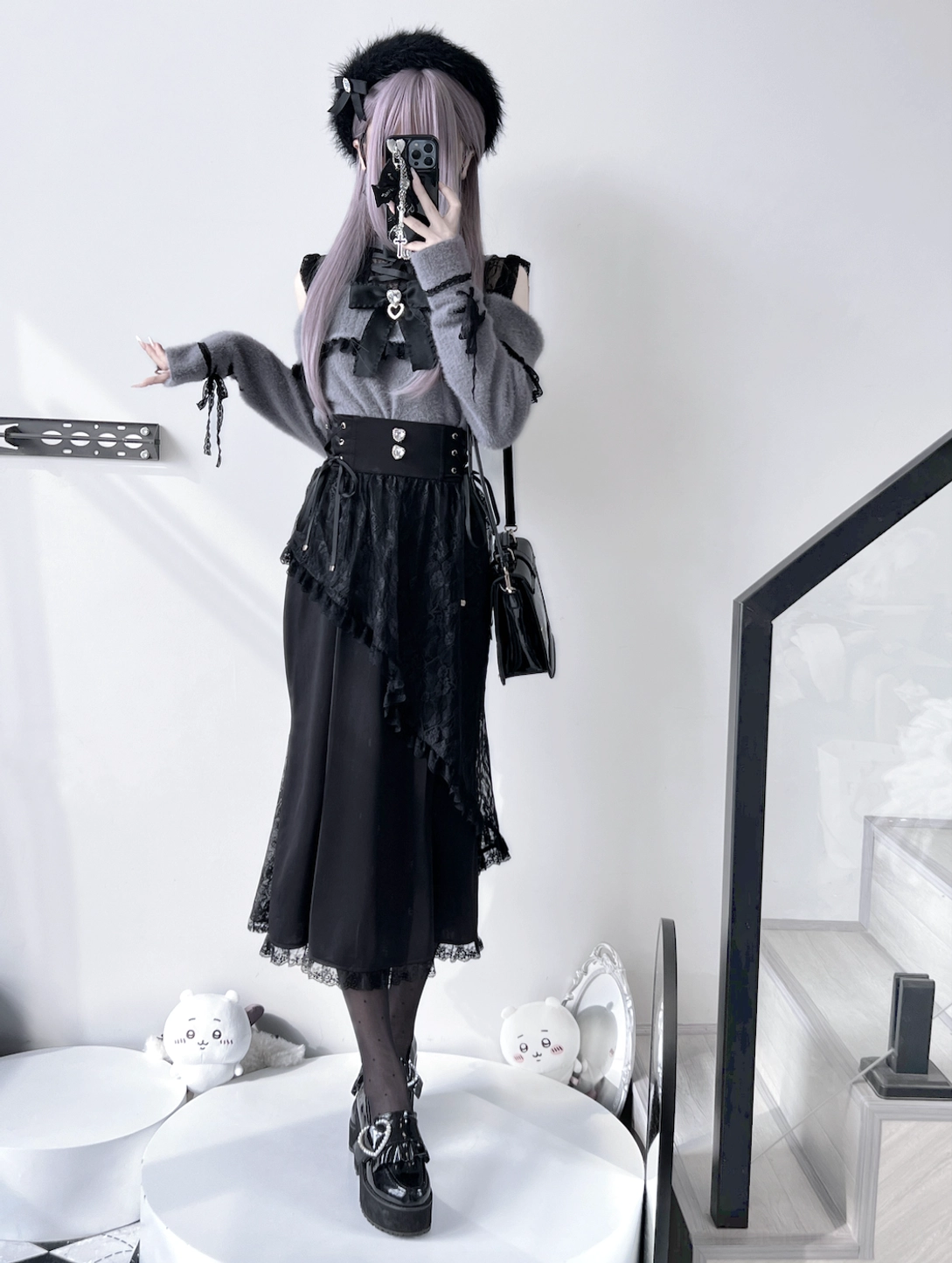 Jirai Kei off-shoulder lace patchwork knit sweater full-length mirror selfie styling with gothic lolita aesthetic black fur beret and platform loafers