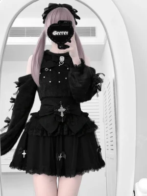 Black off-shoulder Jirai Kei sweater with fuzzy fabric and ruffle lace trim paired with high-waist cross-detail mini skirt, front full-length mirror shot showing complete gothic lolita aesthetic