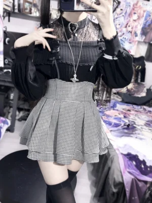 Jirai Kei off-shoulder lace knit sweater with heart rhinestone collar worn with houndstooth skirt and thigh-high socks overhead flat lay perspective