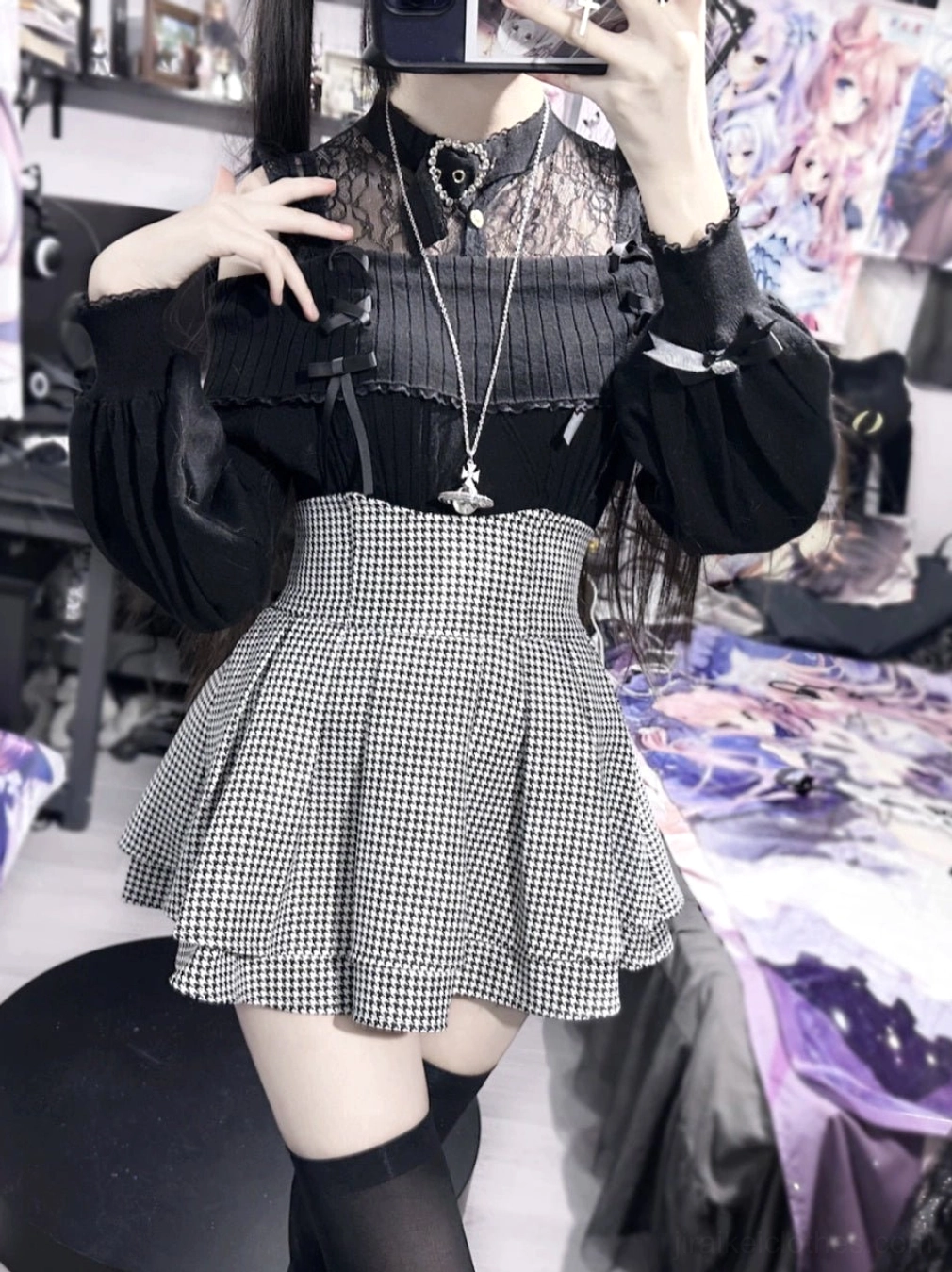 Jirai Kei off-shoulder lace knit sweater with heart rhinestone collar worn with houndstooth skirt and thigh-high socks overhead flat lay perspective