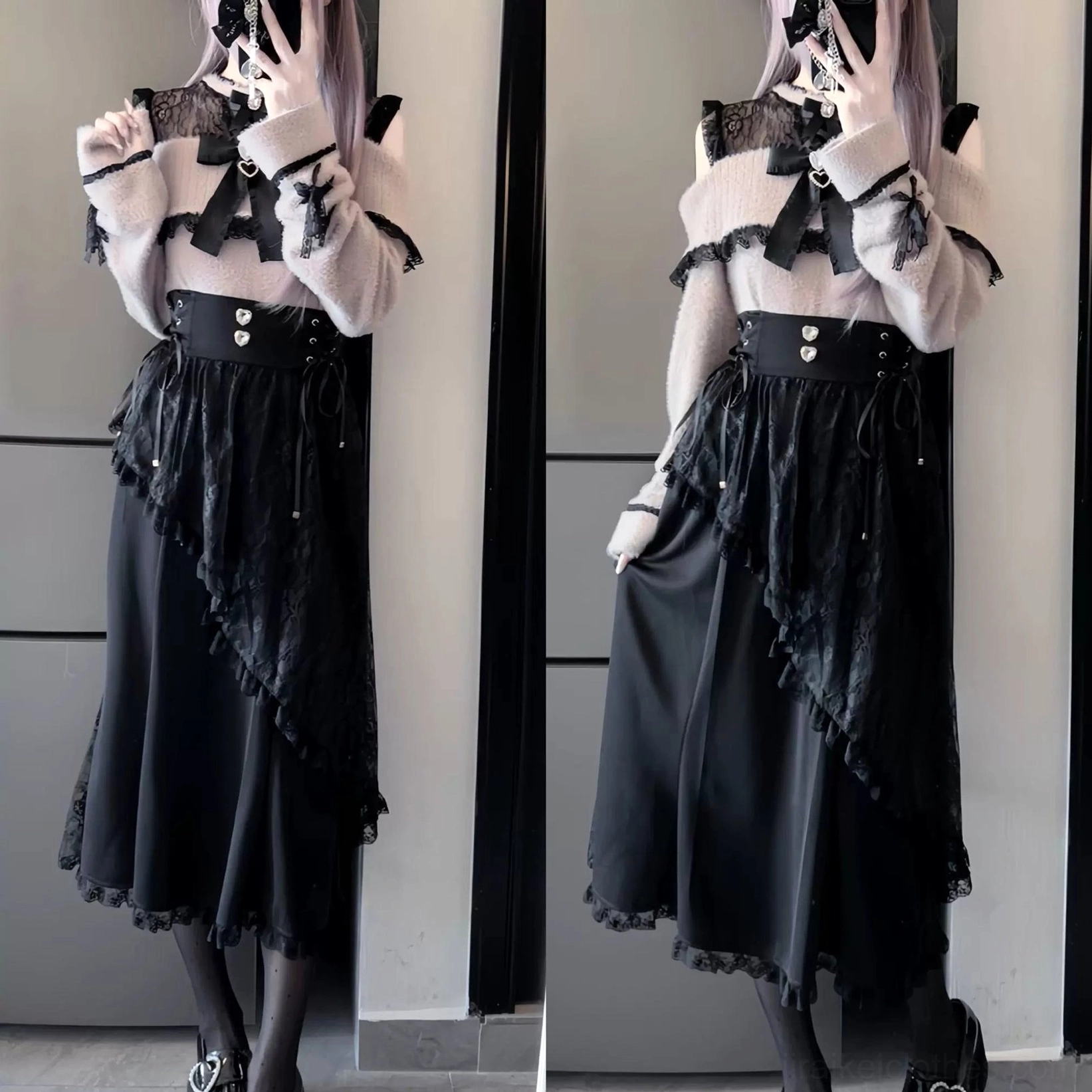 Jirai Kei off-shoulder lace patchwork sweater low collar detail fold-over design exposed shoulder construction close-up