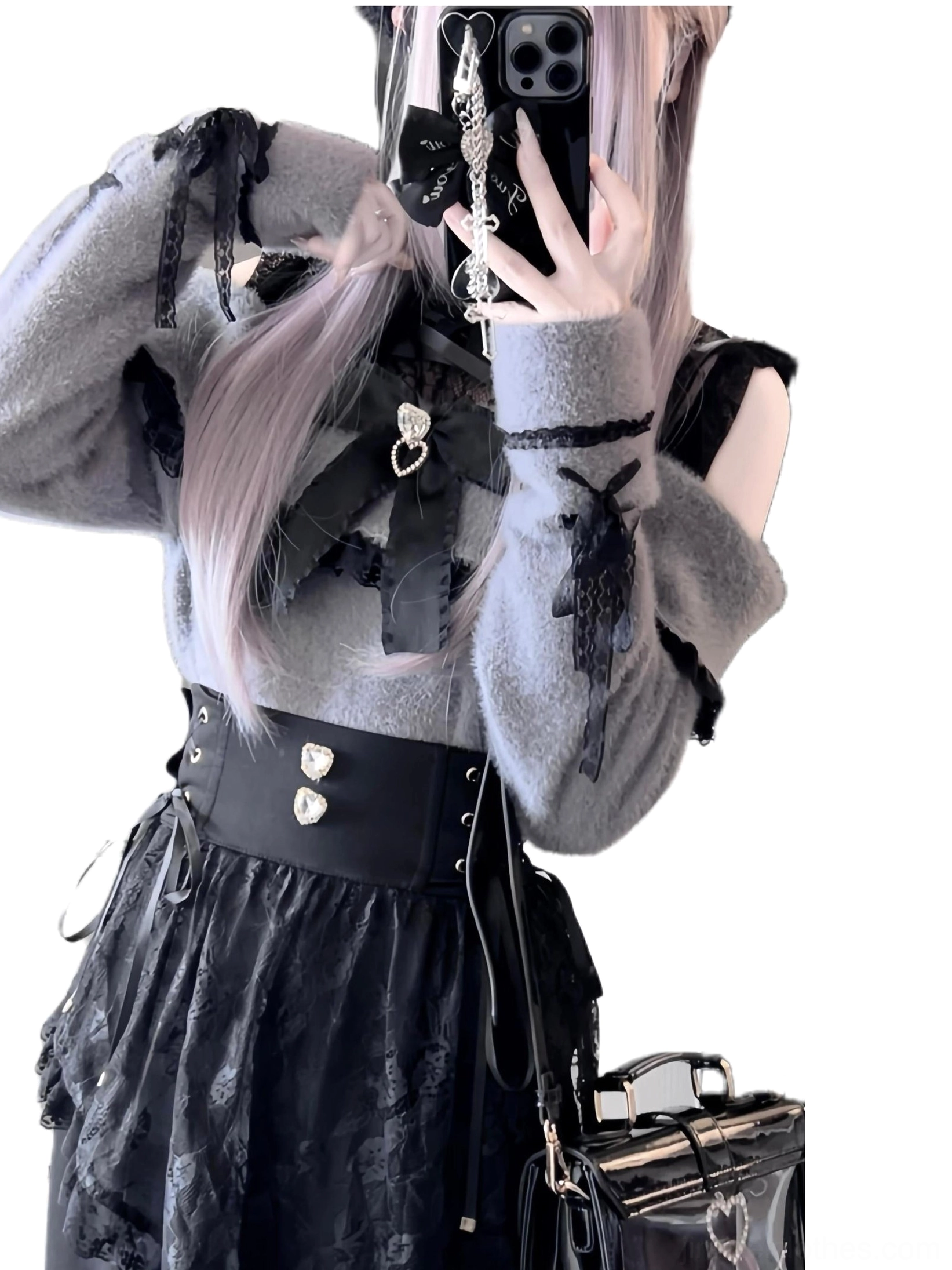 Jirai Kei off-shoulder lace patchwork sweater fabric texture polyester material close-up drape quality premium feel