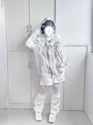Jirai Kei reflective organza coat with leg warmers full front view white techwear aesthetic indoor studio