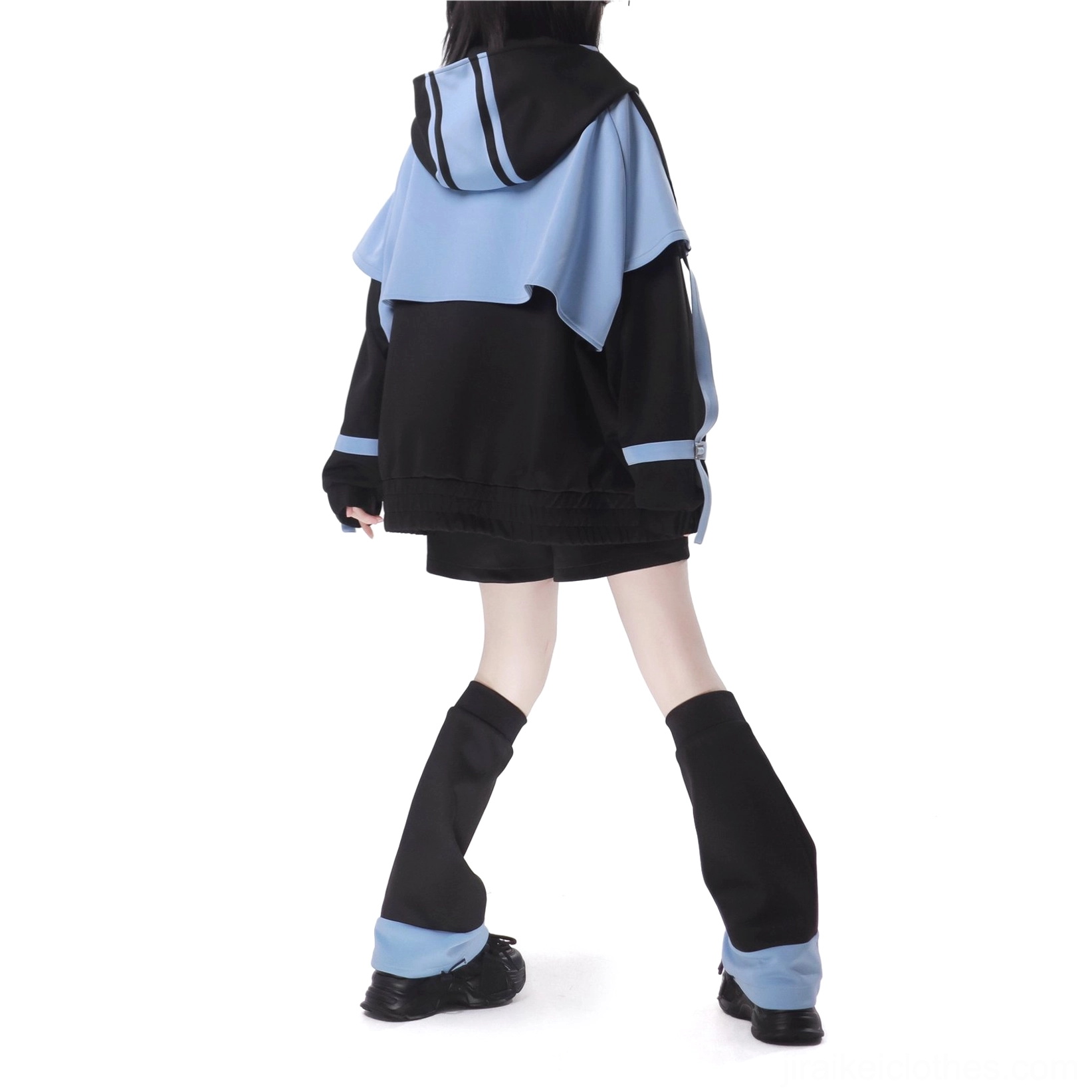 Jirai Kei jacket shorts set back full body shot back color block design matching leg warmers rear view