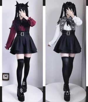 Side-by-side comparison of two Jirai Kei outfit styles: burgundy puff-sleeve coordinate set on left and white pointed lace collar blouse with black skirt on right, studio comparison shot