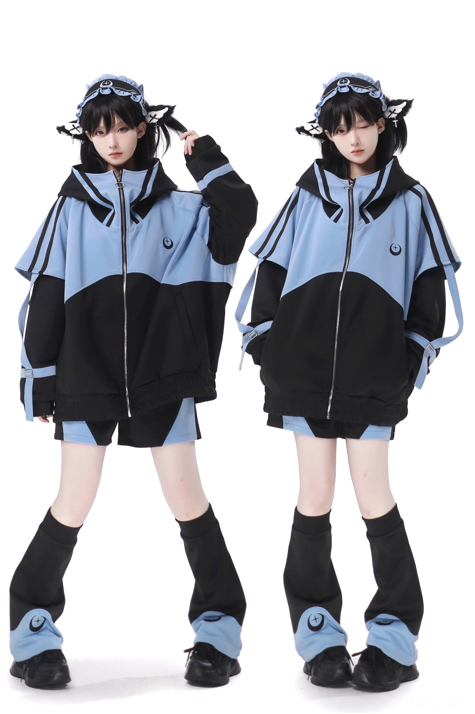 Jirai Kei techwear outfit set product detail close-up metal buckle sleeve straps blue fabric accents