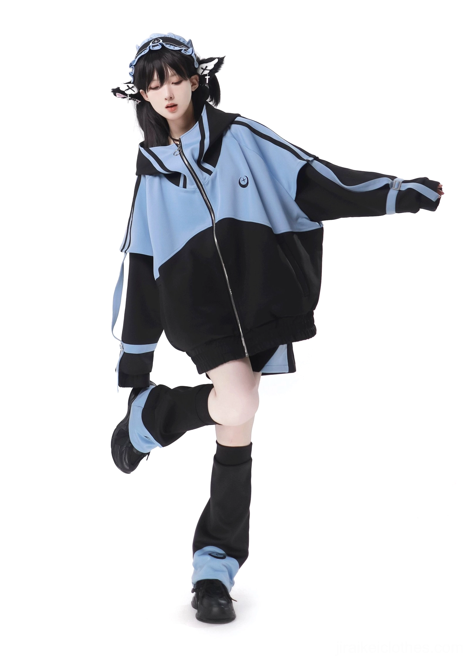 Full Jirai Kei outfit dynamic side pose loose oversized fit color block design moon star chest logo