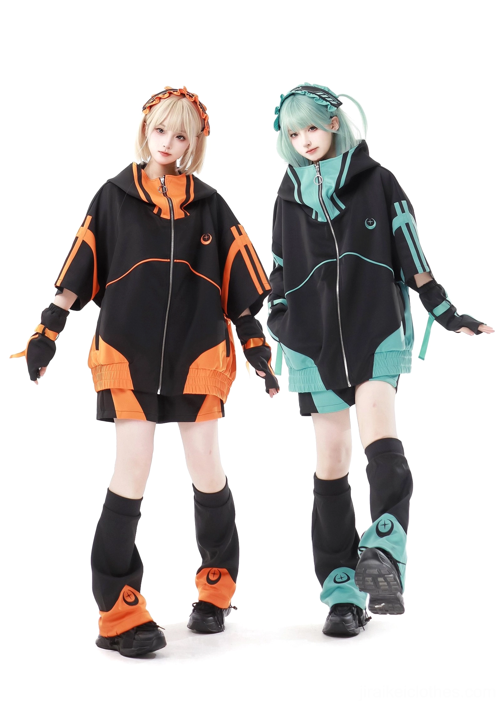 Hemline and leg warmers coordination on Jirai Kei outfit showing visual flow and proportional balance between jacket and accessories