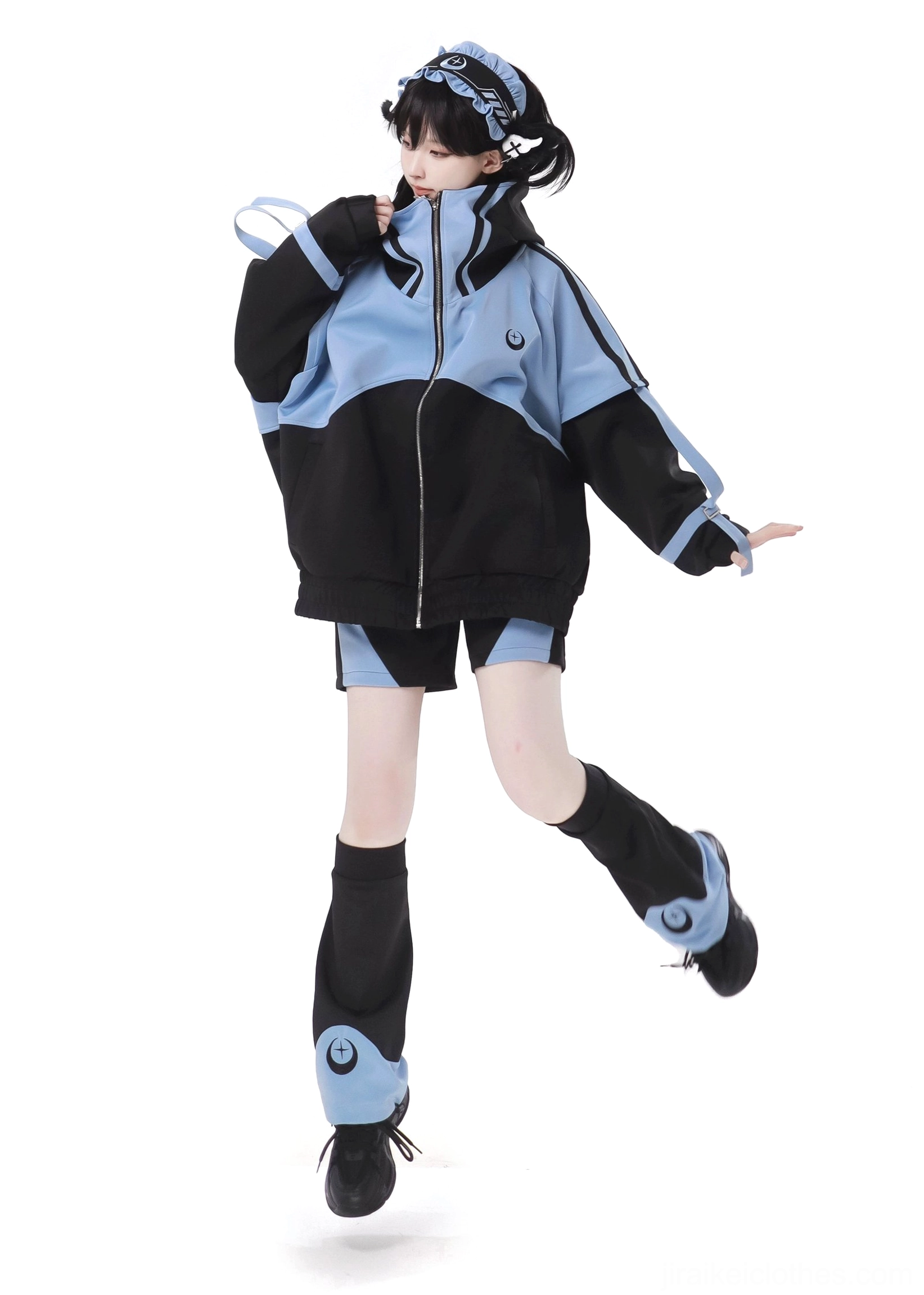 Jirai Kei outfit zip-up jacket shorts set front three quarter high neck zipper collar matching leg warmers