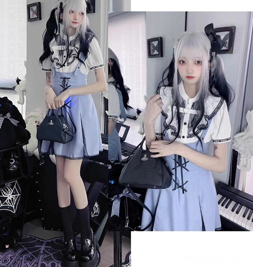 Jirai kei outfit modeling three-quarter view bi-color blouse and skirt ensemble full presentation